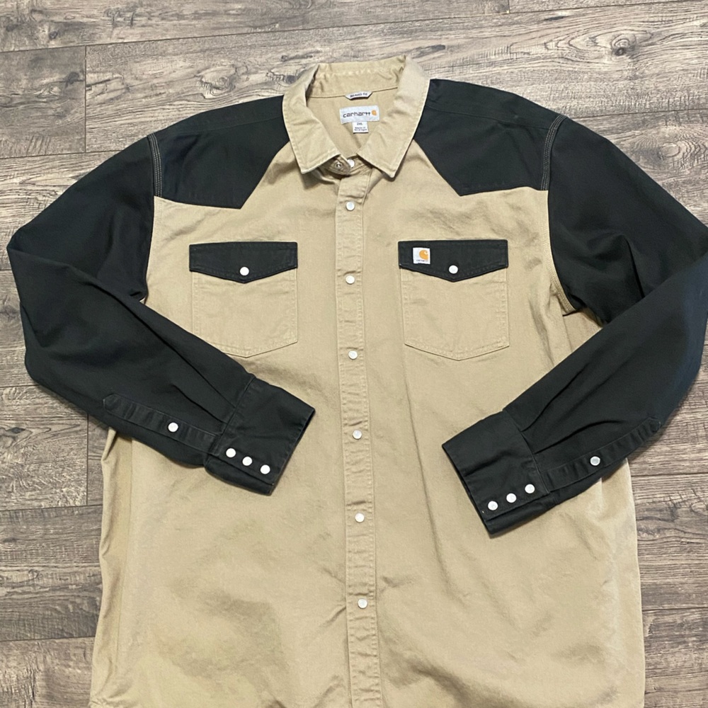 Carhartt Men’s 2 Tone Western Long Sleeve Shirt 2XL Khaki Black
